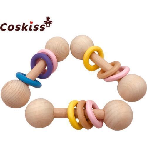 Wooden Teether Rattle Montessori Activity Gym Toys With Three Ring Teething Toys Baby Nursing Accessories Chew Toys Gifts