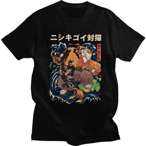 Vintage The Cat And The Koi T Shirt Men Short Sleeved Pure Cotton Streetwear T-shirt Graphic Tshirt Japanese Samurai Tee Tops