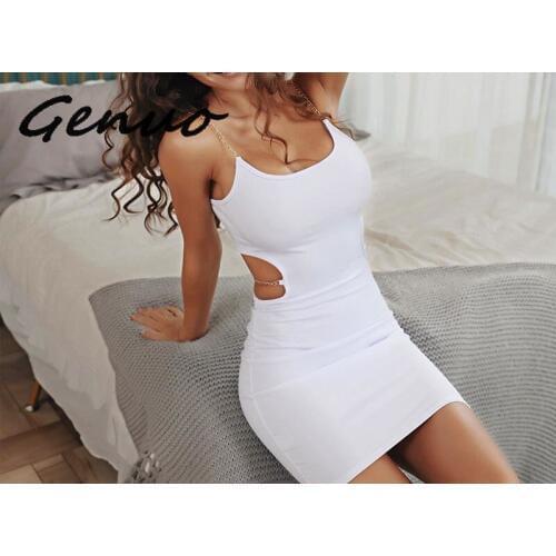 Genuo Meta Chain Strap Sexy Bodycon Summer Dress Women Strapless Hollow Out Mini Dress Backless Beach Ladies Party Dress Short