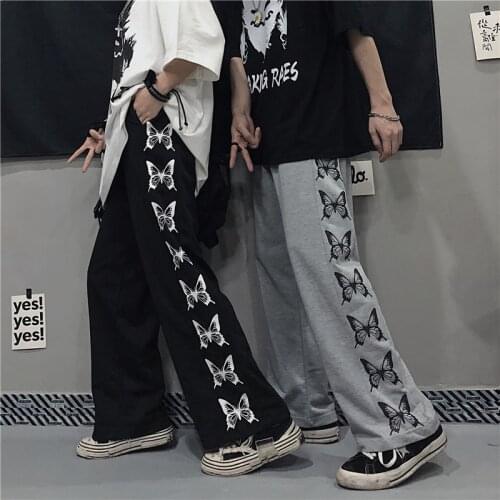 Autumn Winter Gothic Harajuku Butterfly Print Pants Unisex Black Gray High Waist Casual Streetwear Sweatpants Pants