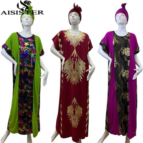 Cotton African Womens Abaya With Big Scarf Summer Bronzing Embroidered Beautiful Dresses Muslim Truban Traditional Wear Blouse