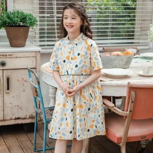 Korean Girls Shirt Dress 8 10 years Elegant School Dresses Bubble Sleeve with Pockets 2021 Summer Children Clothes