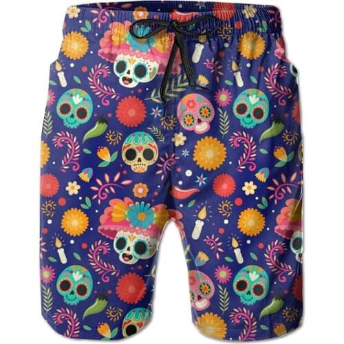Men Swim Trunks Man Swimtrunks Swimwear Skull with Flower Hat Novelty Surfing Beach Summer Mesh Lining
