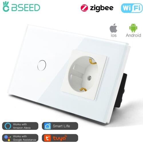 Bseed New Zigbee Compatible Wifi Touch Switch 1 Gang EU Standard Normal Socket With 3 Color Crystal Glass Panel Home Improvement