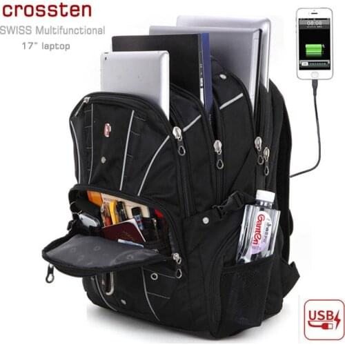 Swiss-Multifunctional 17" USB Charge Laptop Backpack Larger Capacity Travel bag Waterproof Schoolbag anti-theft port padlock