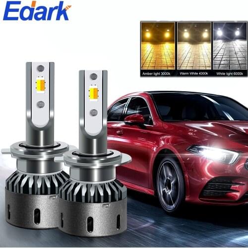 Edark 1Pair LED Headlight Bulbs 3 Color Changing Light (6000K,3000K,4300K) H1 H3 H7 H11 9005 9006 55W 6000 Lm CSP LED Chips IP67