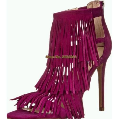 Fringe Suede Summer Sandals Ankle Boots Peep Toe Tassel High Heel Stiletto Fashion Booties Large Size