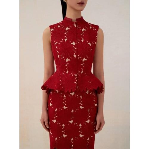 Tailor shop red chrysanthemum lace top skirt female light luxury Semi-Formal princess outfit peplum top