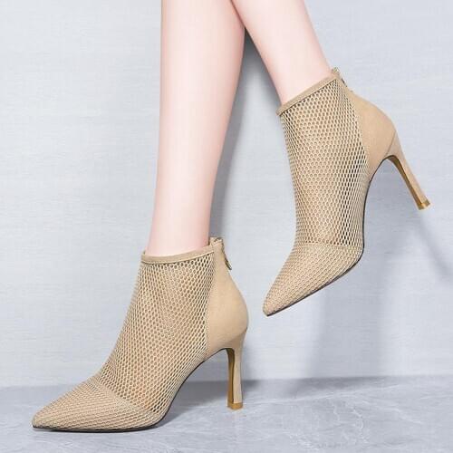 2020 spring and summer boots sandals women high heels pumps breathable mesh pointed toe zipper ankle boots
