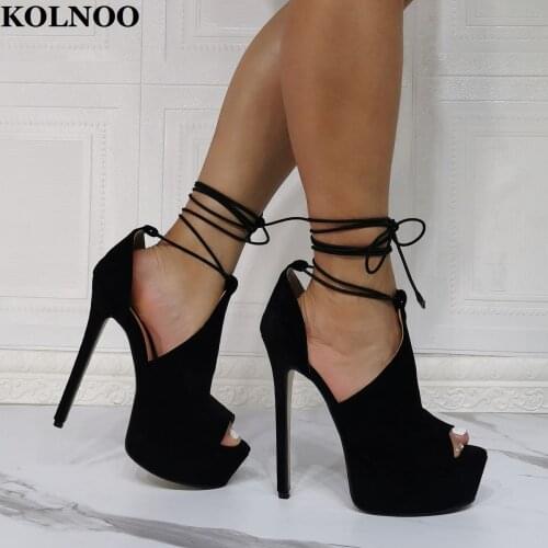 Kolnoo Hot Handmade Womens High Heel Sandals Faux Suede Crisscross Strap Peep-Toe Real Pictures Evening Party Fashion Club Shoes