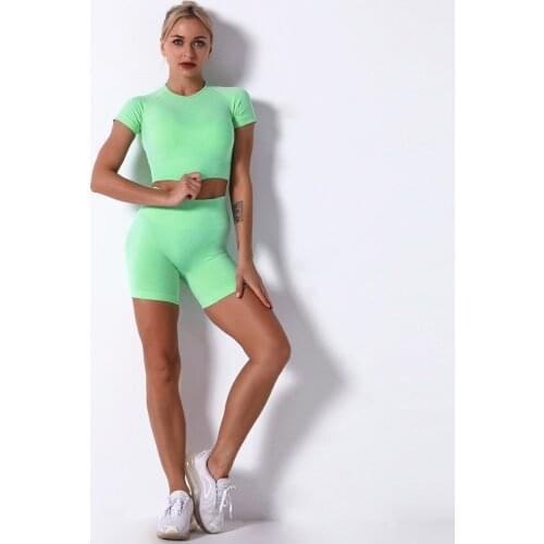 Knitting 2 PCS Women Seamless Yoga Set Fitness Short Sleeve Top Shirts High Waist Shorts Running Workout Clothes For Sports Suit