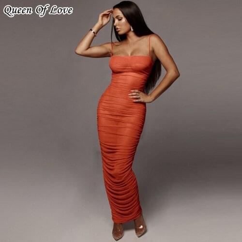 Mesh Ruched Women Strap Maxi Long Dress Bodycon Sexy See Through Sheer Bodycon Streetwear Party Club 2021 Summer Clothes