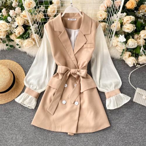 Women Teperament Double Breasted Blazer Dress 2021 Autumn Fashion Long Sleeve Notched Collar Bandage Slim Casual Vestidos