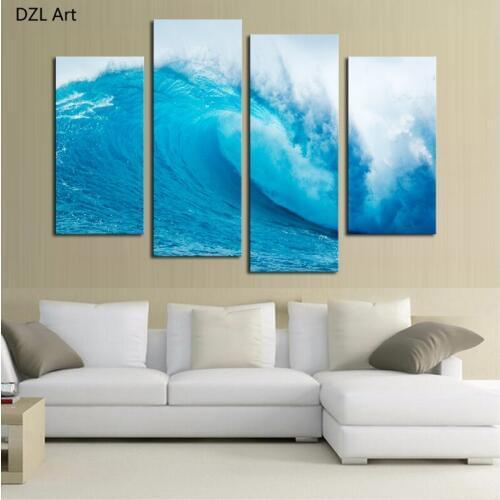 4 Panel(No Frame) Waves Picture Wall Decor Print on Canvas Oil Painting Canvas Painting for Christmas Gift