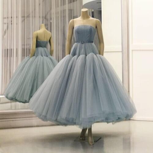 Tea Length Ball Gown Prom Dresses Sleeveless O Neck Formal Evening Party Ball Gowns Robe De Soiree