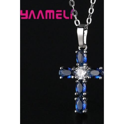 Fine 925 Sterling Silver Cross Necklace Solid Blue AAA Cubic Zircon Inlay Cross Religious Jewelry Womens Choker Collar