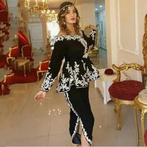 Black Moroccan Kaftan Caftan Muslim Evening Dresses Sheath Scoop Long Sleeves Appliques Dubai Arabic Turkey Abaya Islamic Gown