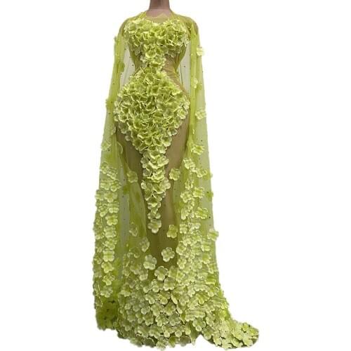 Designer Floral Rhinestone Perspective Party Dress With Cloak Women See Through Birthday Prom Trailing Dress Sexy Stage Costumes