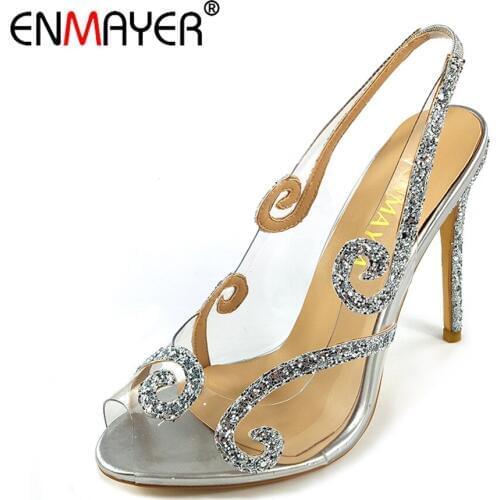 ENMAYER Glitter High Heels Clear Shoes Peep Toe Slingblack Transparent Party Wedding Pumps Gold Grete Sandals wedding shoes