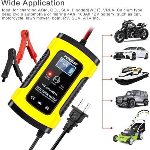 FOXSUR 12V 5A Pulse Repair Charger with LCD Display, Motorcycle & Car Battery Charger, 12V AGM GEL WET Lead Acid Battery Charger
