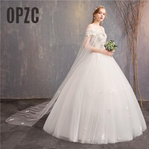 Fashion elegant Beautiful Ball Gown Boat Neck Off Shoulder Wedding Dress 2020 florwer Bridal Marriage real photo With shawl 2