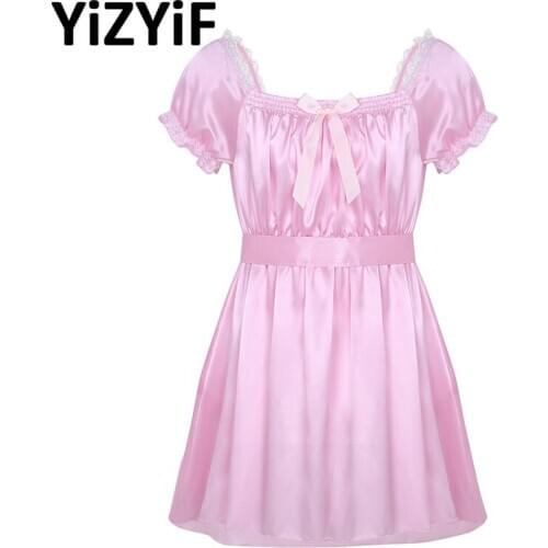 Mens Lingerie Gay Underwear Short Sleeve Square Neckline Shiny Soft Satin High Low Design Crossdress Dress with Sash Nightwear