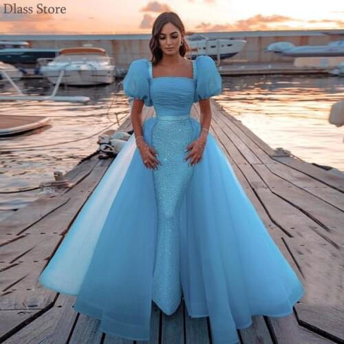Sky Blue Prom Dress Sequin Mermaid Square Tulle Detachable Train Floor Length Backless Evening Dress robe de soirée de mariage