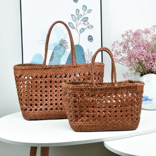 Manual Weave Genune Leather Hand Bags Summer Top Quality Brand Women Messenger Shopping Bags Girls Hollow Beach Tote Handbag