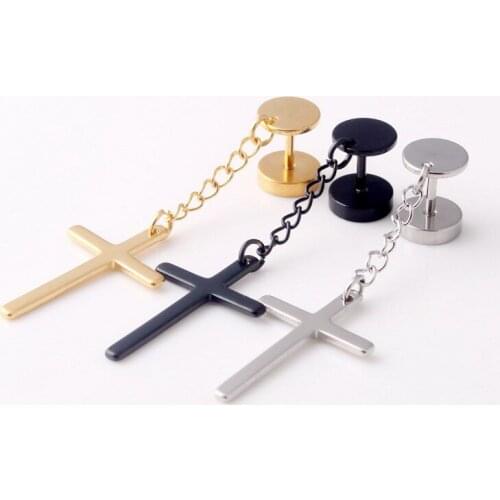 1Pcs Punk Gothic Stainless Steel Stud Earring Cross Round Fake Ear Taper Dumbbell Fashion Women Men Rock Jewelry