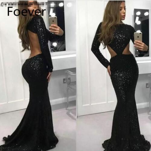Sexy Black Bling Sequins Prom Dresses 2019 Mermaid Long Sleeve Backless Evening Dress
