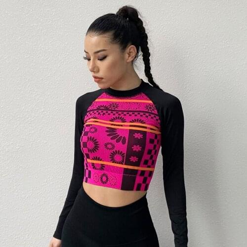 Stand-Neck Printed Women Yoga Shirts Gym Fitness Elastic Sports Long Sleeve T-Shirt Running Tights Female Sports Yoga Top Cloth