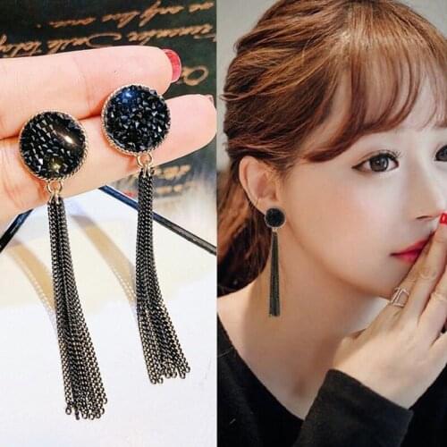 Creative black tassel earrings women long retro versatile personality Korean fashion earrings S925 sterling silver pin earrings