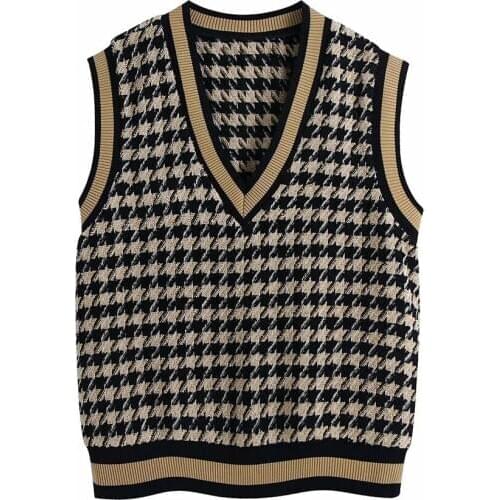 Women Oversized Contrast colors Houndstooth Sleeveless Knit Vest Sweater Pullover Tank Top Fashion Waistcoat Jersey Pull Femme