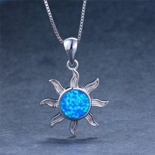 Boho Female Sun Flower Pendants Necklaces Blue Fire Opal Stone Necklace Fashion Silver Color Wedding Jewelry
