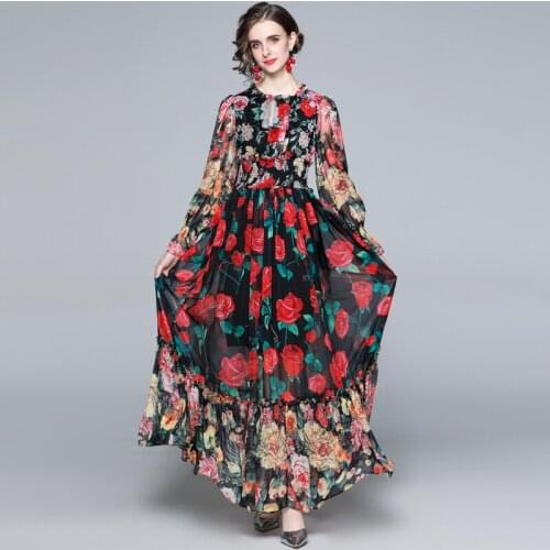 Real Shot Spot Stand Collar Long Sleeve Elastic Waistband Slimming Wide Hem Printed Elegant Maxi Dress Women