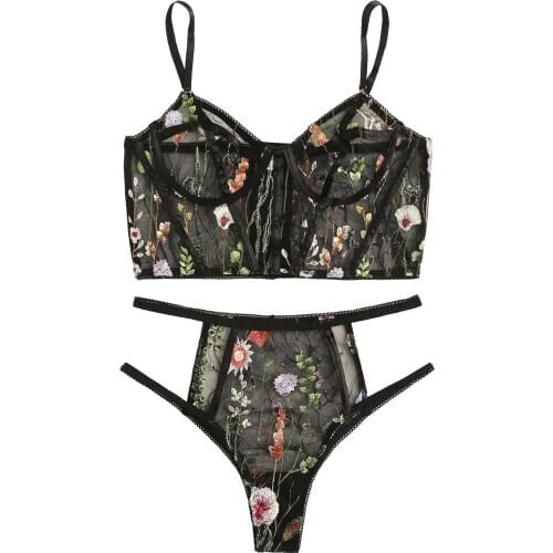 Female Sexy Lace Floral Embroidery Small Flower Porno Underwear Temptation Transparent Mesh Erotic Lingerie 2 Piece Suit