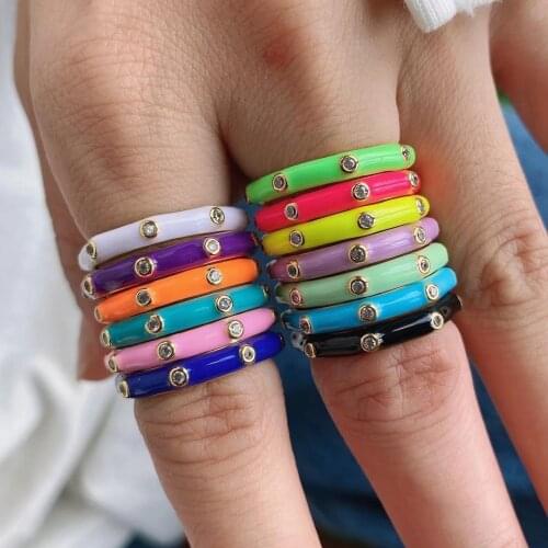 10Pcs Summer Simple Design Crystal Zircon Micro Pave Ring, Rainbow Color Enamel Finger Ring Women Jewelry For Gift