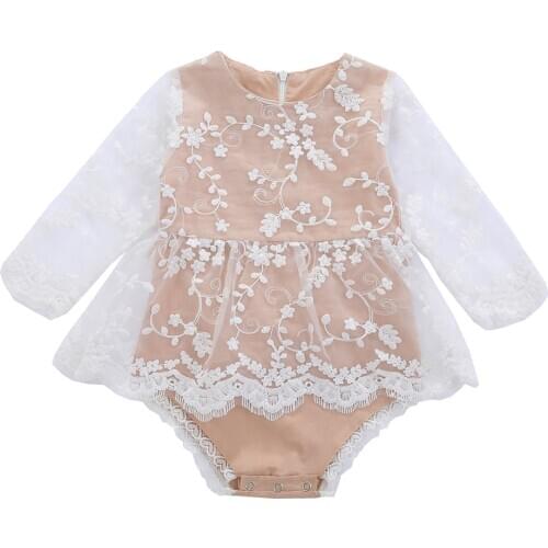 2020 0-24M Baby Girl Fashion Long-sleeved Jumpsuits Dress Flower Embroidery Fresh Solid Lace Stitching Dress Triangle Romper