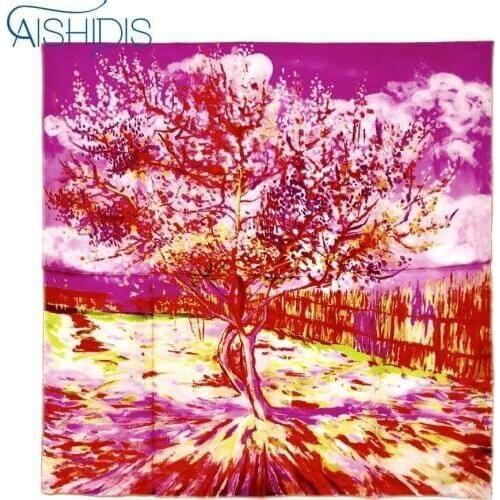 Aishidis 100% Silk Square Scarf World Famous Oil Painting Peach Trees Design Shawl & Scarves Van Goghs "Peach Tree in Bloom"