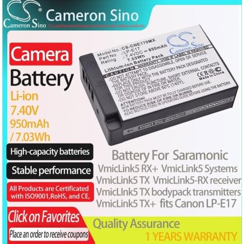 CameronSino Battery for Saramonic VmicLink5 RX+ VmicLink5-RX receiver VmicLink5 Systems fits Canon LP-E17 camera battery 950mAh