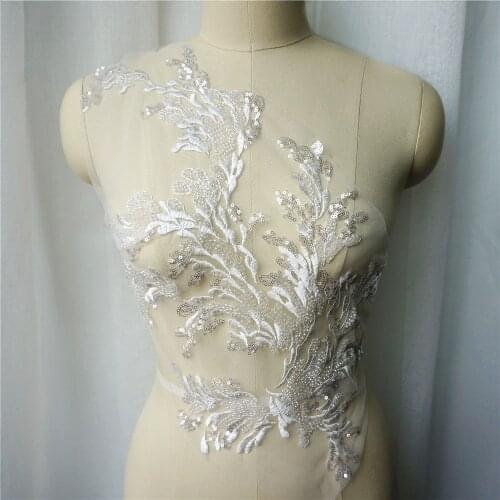 White Lace Fabric Silver Sequin Beads Embroidered Flora Gown Appliques Collar Mesh Sew Patch For Wedding Decoration Dress DIY