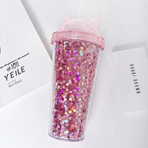 Sequined BPA Free Water Bottle with Straw Plastic Flash Cat Ear Double Wall Drinking Bottle Coffee Juice Cup