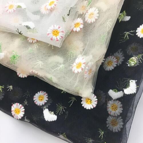 White Black African Cord Lace Mesh Lace Fabrics High Quality Swiss Net Cotton Wildflower Embroidery Gauze Dress Skirt Material