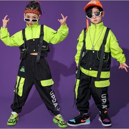 Kids Hip Hop Clothes Fluorescent Green Stage Outfit Tops Pants Jazz Dance Costume Modern Ballroom Rave Street Dance Wear BL5188