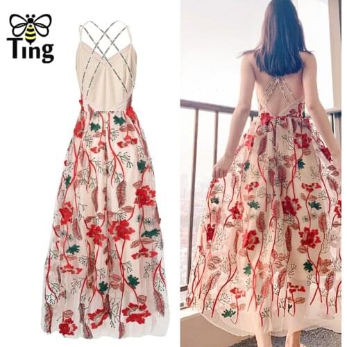 Tingfly Design New Elegant Luxury Night Long Party Dresses Sexy Backless Cross Strap Flower Embroidery Dress Summer Boho Vestido