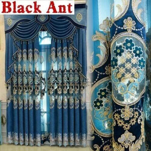 Europe Palace Dark Blue Semi-Blackout Curtains Bedroom Living Room Villa Door Window Drapes Luxurious Hollow Embroidered M116F