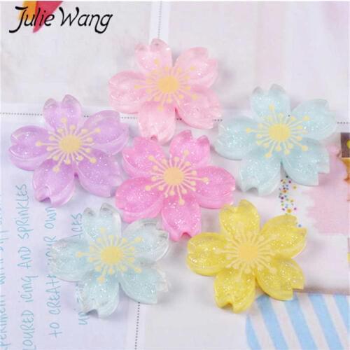 Julie Wang 20PCS Resin Flowers Mixed Cherry Blossoms Charms Sakura Pendants Jewelry Making Accessory Home Table Decor Props