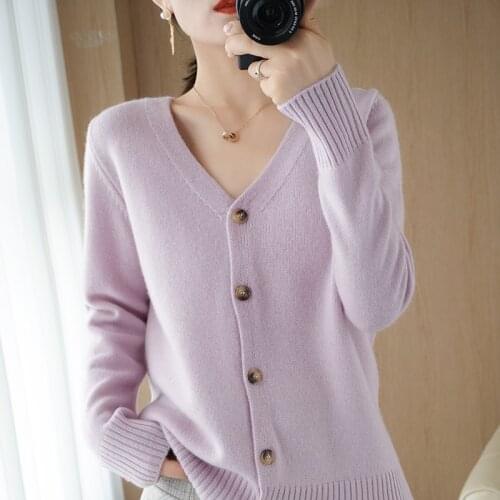Cardigan womens loose cardigan V-neck single-breasted solid color long-sleeved cashmere sweater knitted jacket for autumn and