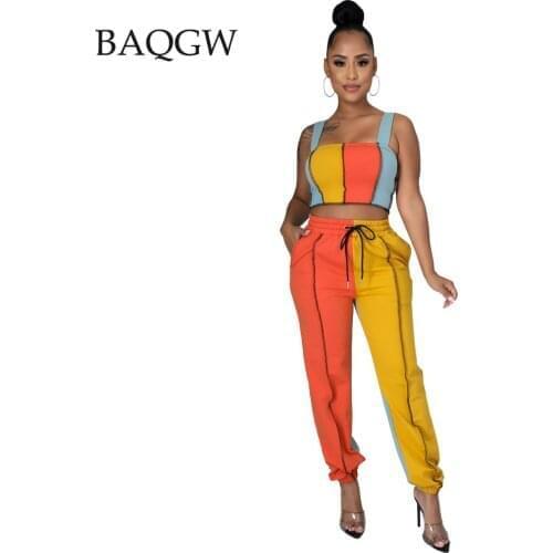 8 Colors Summer Sleeveless Two Piece Set Woman Contrast Color Crop Top and High Waist Jogger Sweatpant Activewear Matching Set