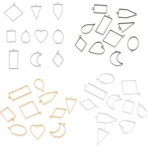 10Pcs Geometric Metal Pendant Frames Set DIY Pendant Making Epoxy Resin UV Crystal Molds Heart Square Moon for Jewelry Necklace